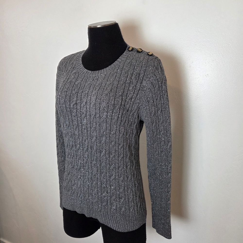Charter Club Silver Glitter Cable Knit Sweater Petite Medium Holiday Party Prep
